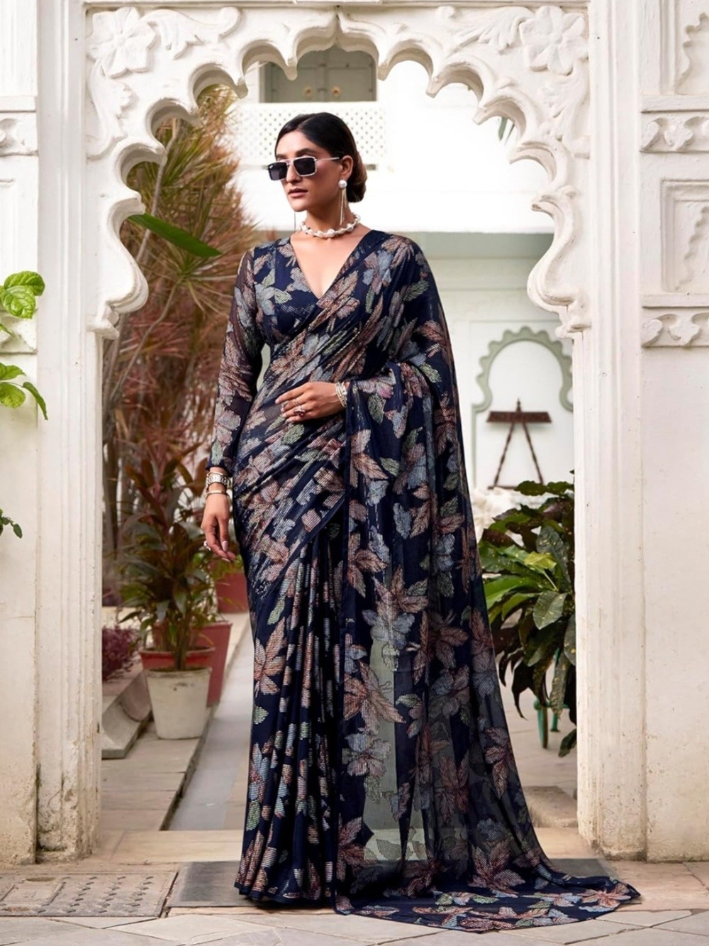 Bombay Navy Floral Printed Saree with Pastel Leaf Motif